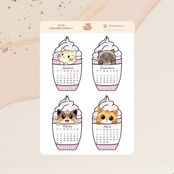 Cartela de Adesivos Calendário Gatinho 1 K1173 A5 KIMO ADESIVOS - Imagem 1