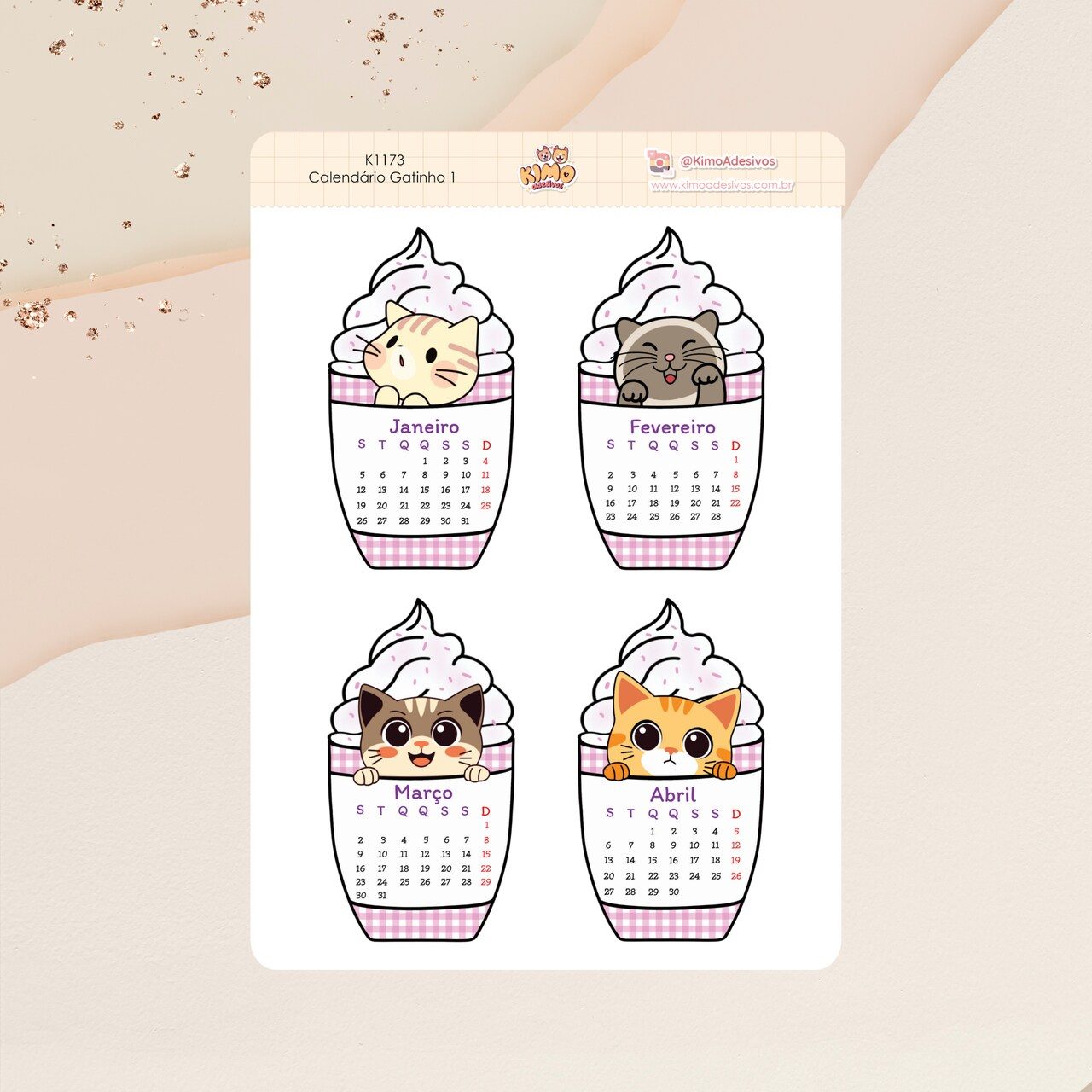 004513439f6d6cf41bb2f04740543589.jpg Cartela de Adesivos Calendário Gatinho 1 K1173 A5 KIMO ADESIVOS - Imagem 1