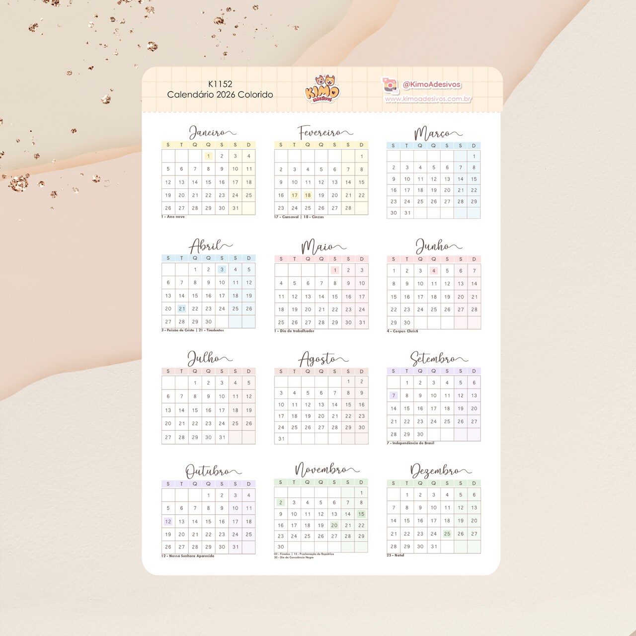 2d2f0e6639ad75db9fcc8b99b6cdb5a5.jpg Cartela de Adesivos Calendário 2026 Colorido K1152 A5 KIMO ADESIVOS - Imagem 1