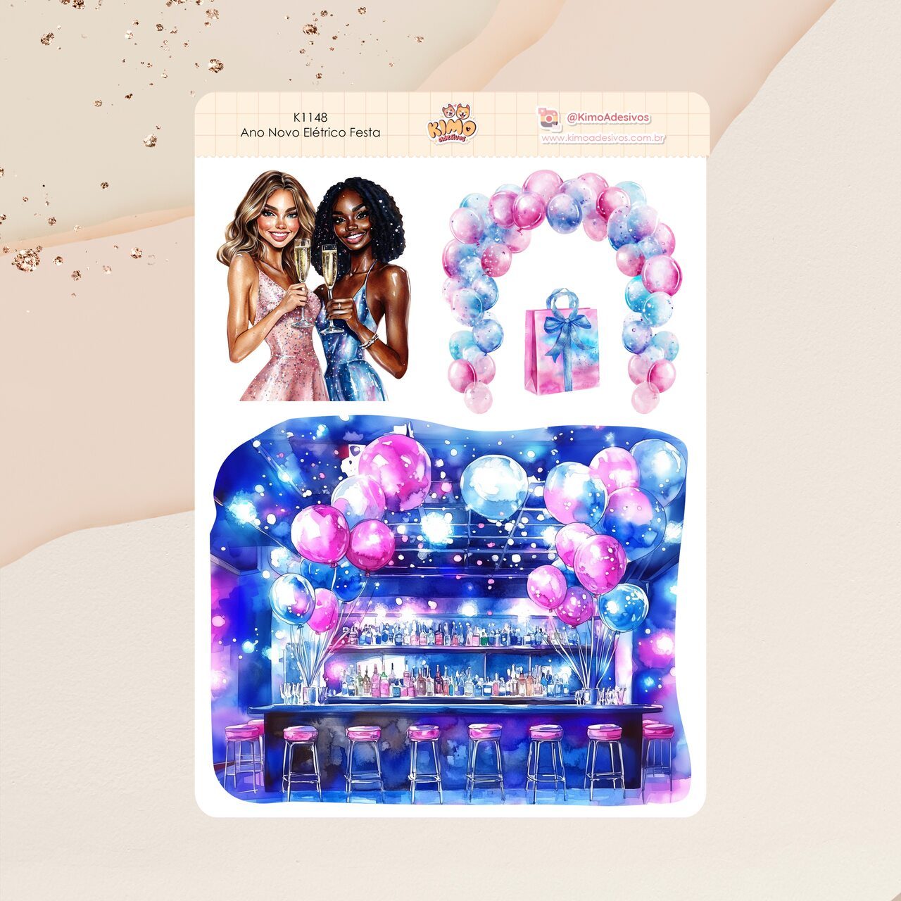 59b55b092ba914e6b0729458fdb541f8.jpg Cartela de Adesivos Ano Novo Elétrico Festa K1148 A5 KIMO ADESIVOS - Imagem 1