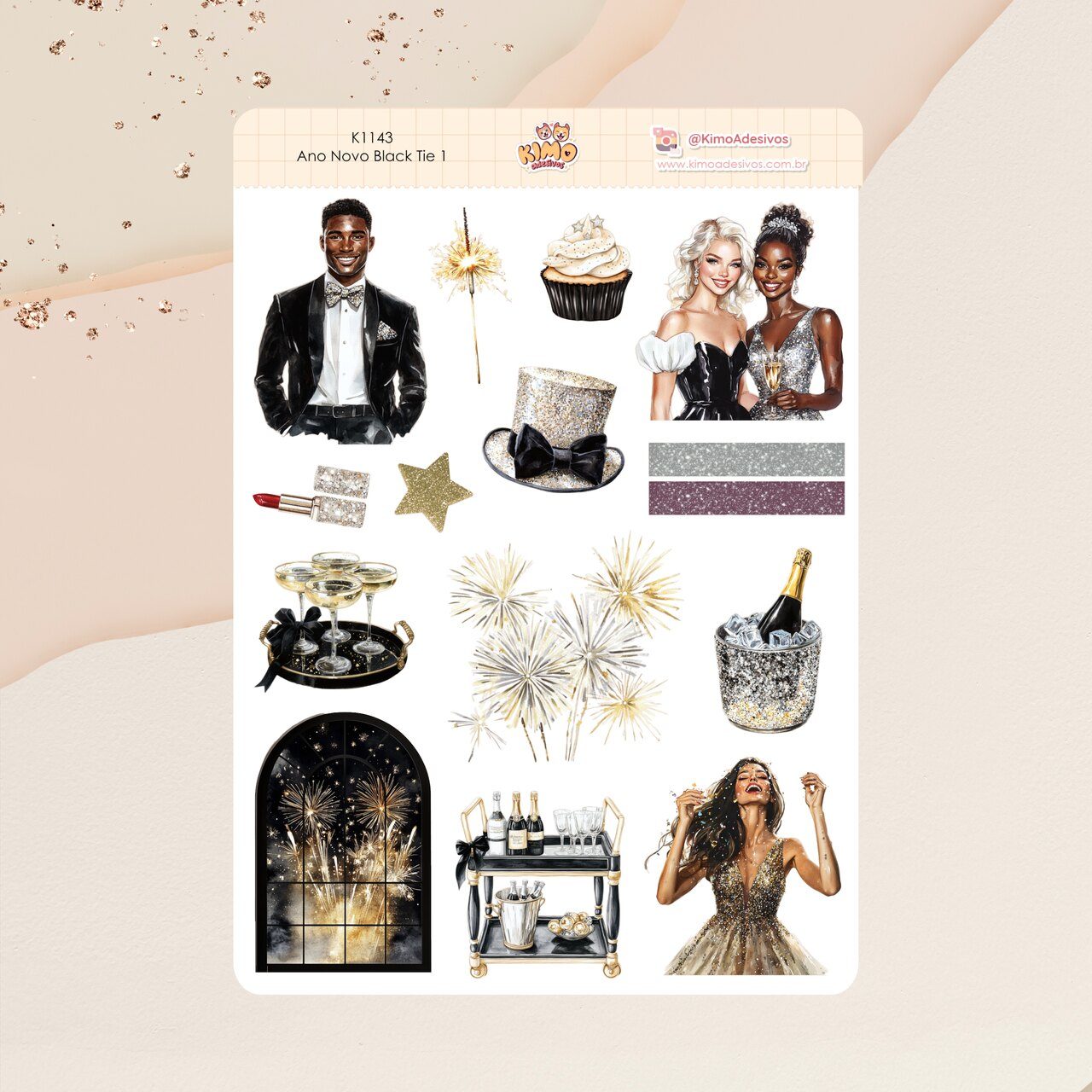 743183fa8d3b691ae367ab0d701c14ba.jpg Cartela de Adesivos Ano Novo Black Tie 1 K1143 A5 KIMO ADESIVOS - Imagem 1